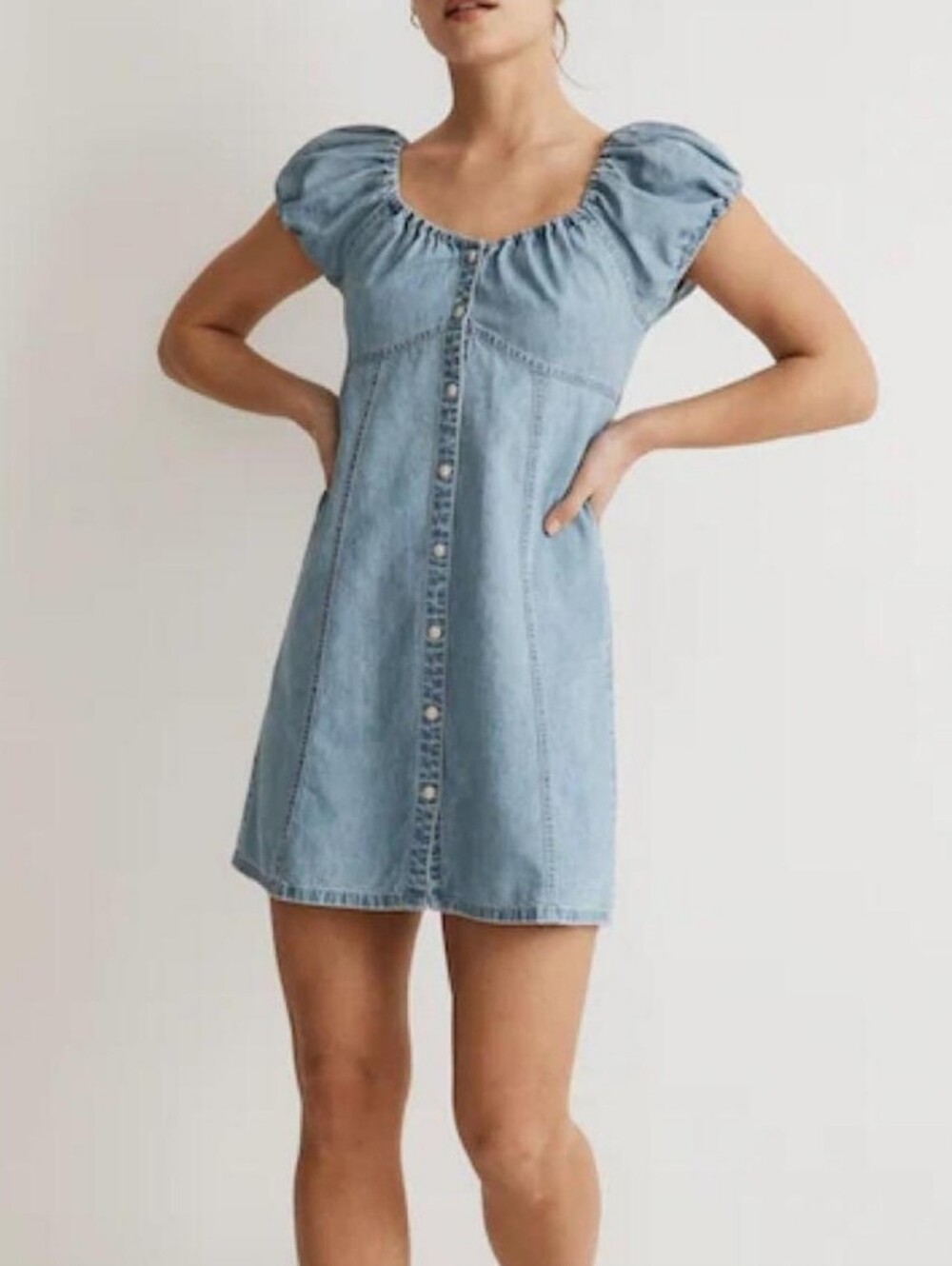 Madewell Light Denim Puff-Sleeve Button-Front Mini Dress